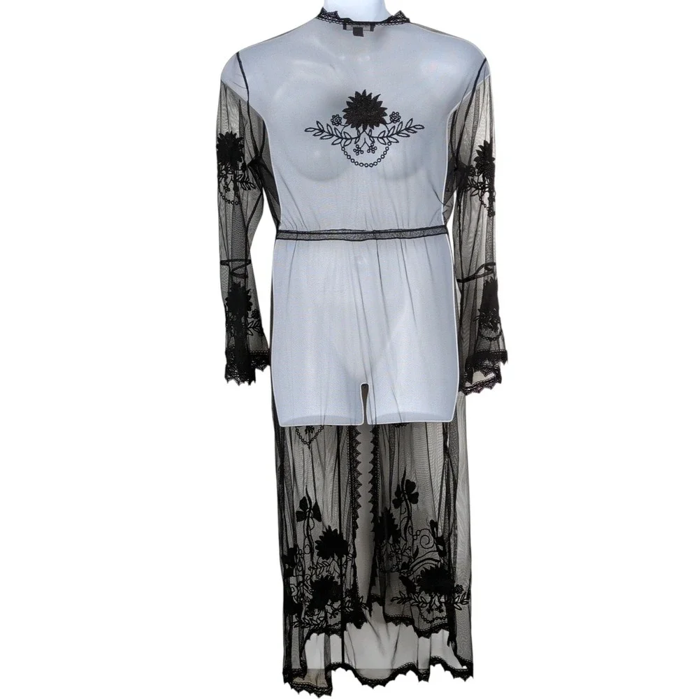 Whimsigoth Fairy Sheer Mesh Floral Embroidered Duster Kimono Robe